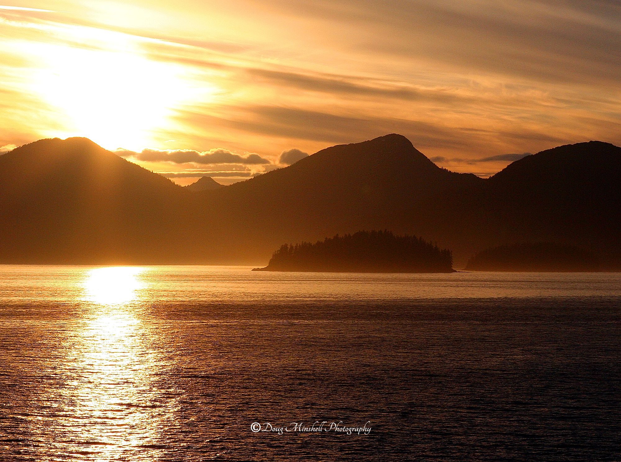 Sunrise, Water, Islands, and Mountains